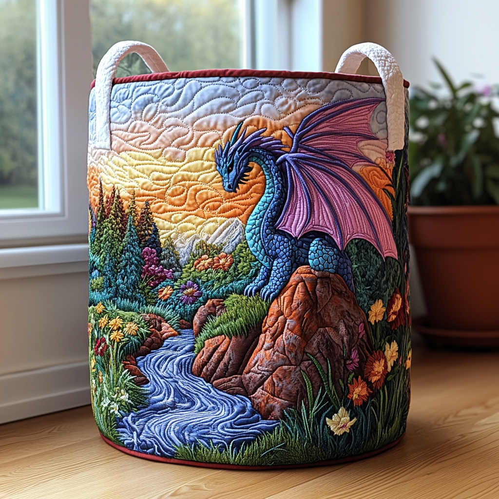 Panier à linge matelassé fait main – motif Dragon Mystique