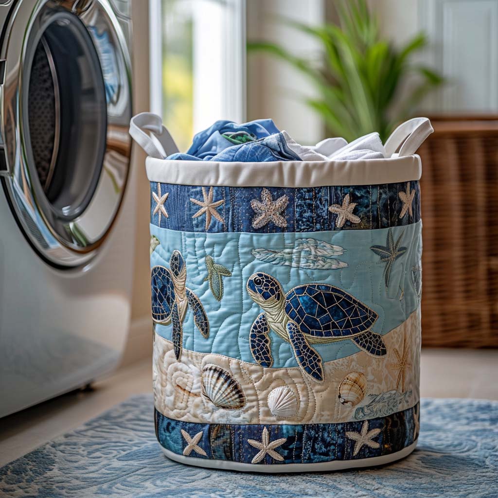 Panier à linge matelassé fait main – motif Tortue de Mer – vue 3