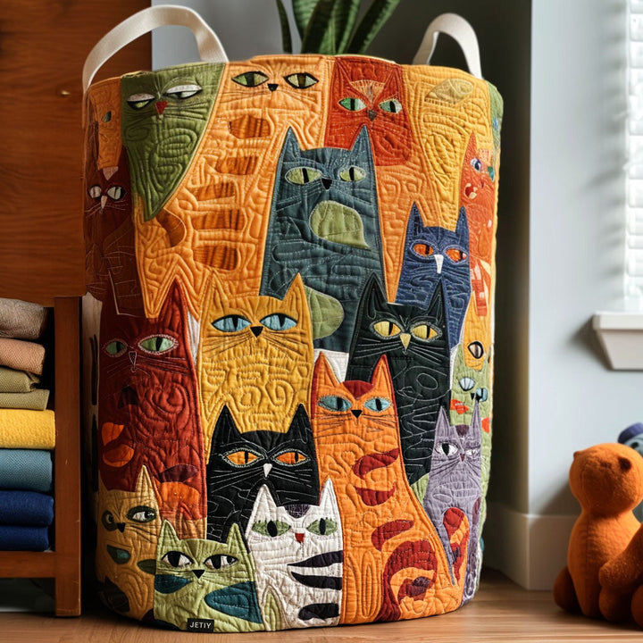 Panier à linge matelassé fait main – motif Bande de Chats Ronronnants