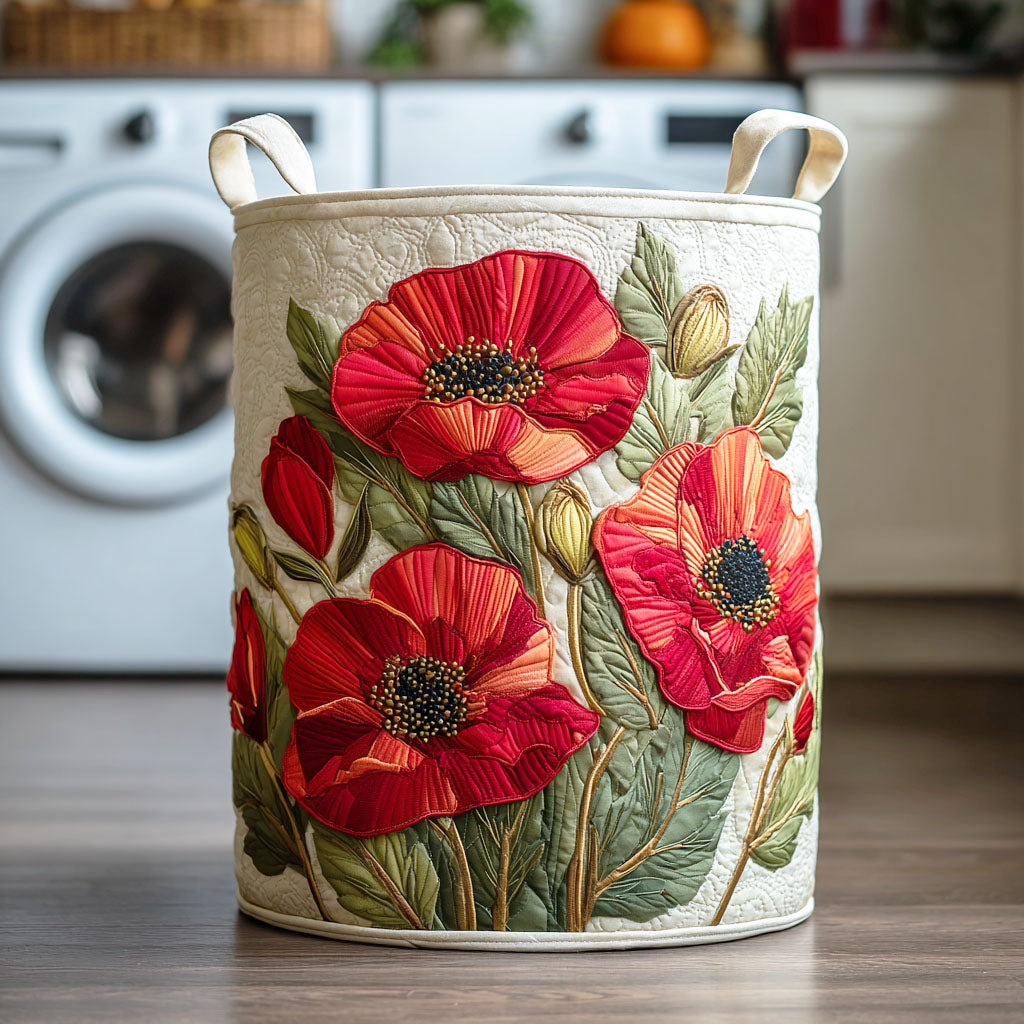 Panier à linge matelassé fait main – motif Rêve de Coquelicots Écarlates