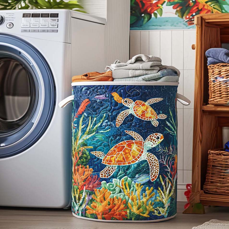 Panier à linge matelassé fait main – motif Tortue de Mer – vue 2