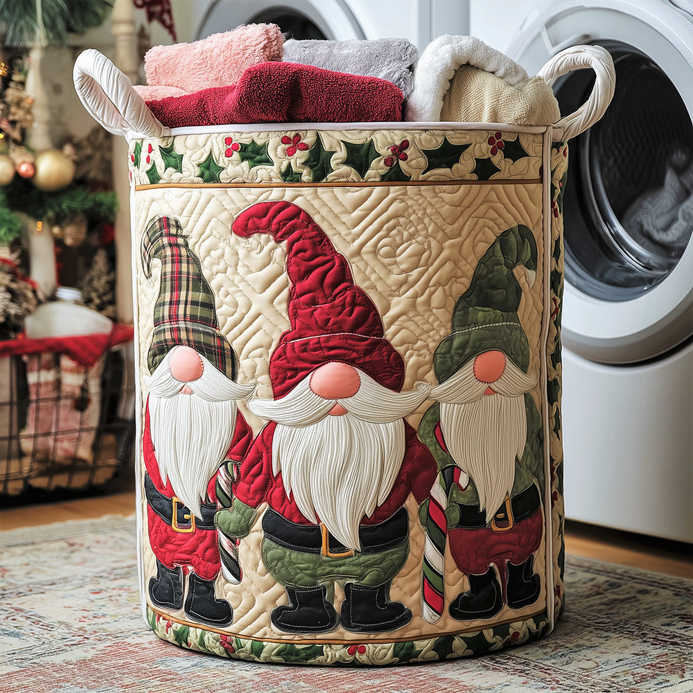 Panier à linge matelassé fait main – motif Gnome Enneigé