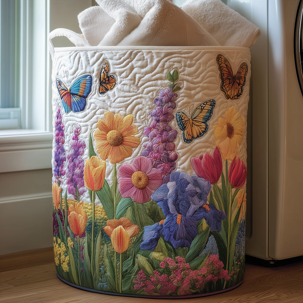 Panier à linge matelassé fait main – motif Printemps Épanoui