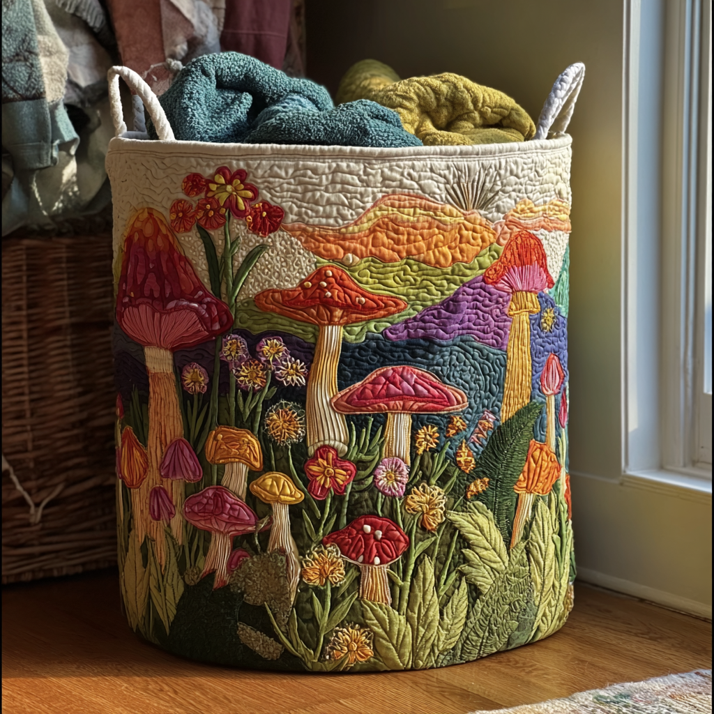 Panier à linge matelassé fait main – motif Jardin au Lever du Soleil