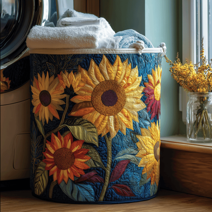 Panier à linge matelassé fait main – motif Soleil Fleuri