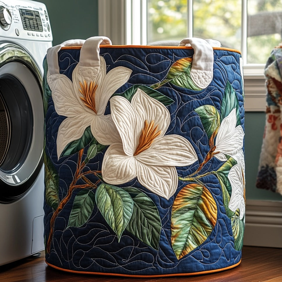 Panier à linge matelassé fait main – motif Doux Magnolia