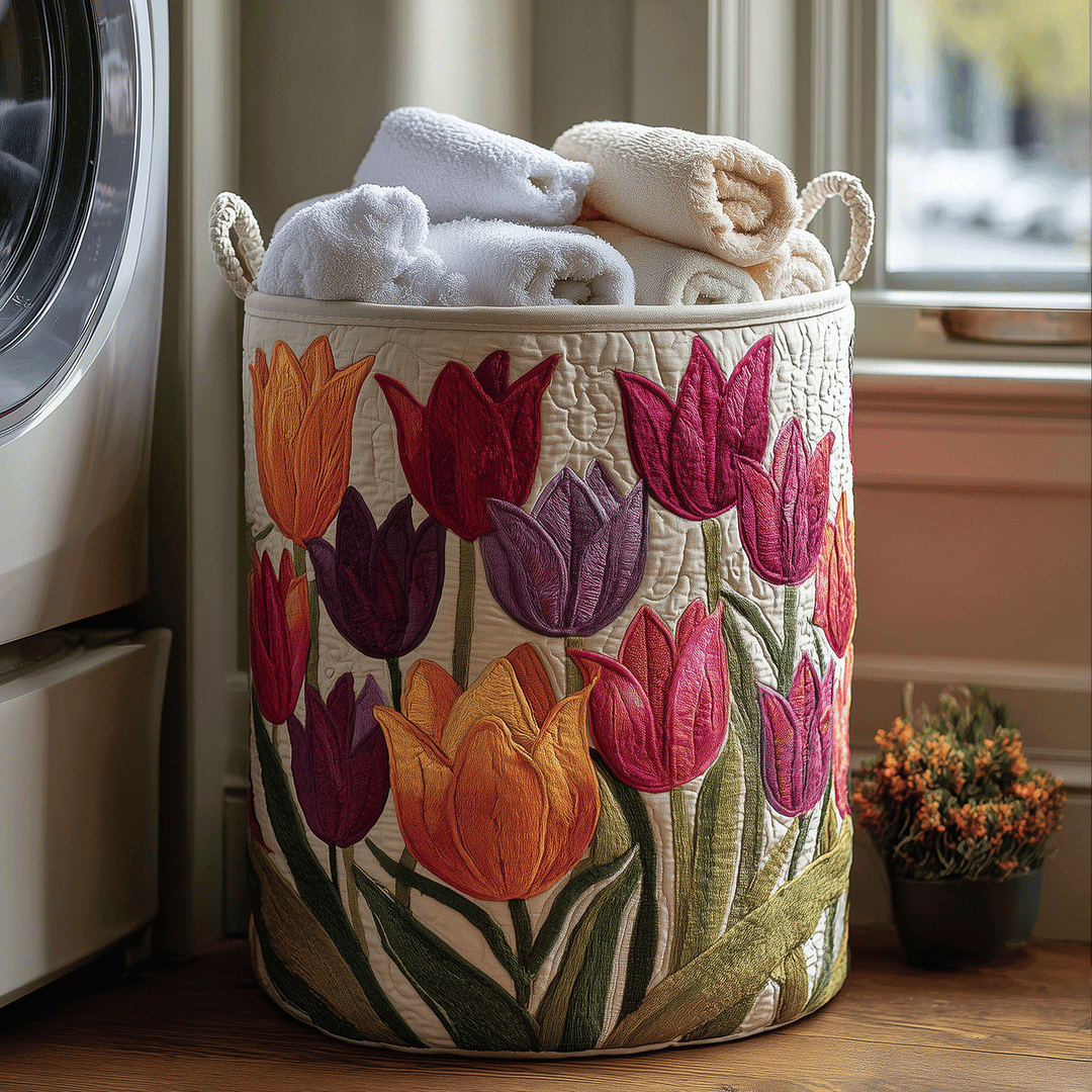 Panier à linge matelassé fait main – motif Joie des Tulipes