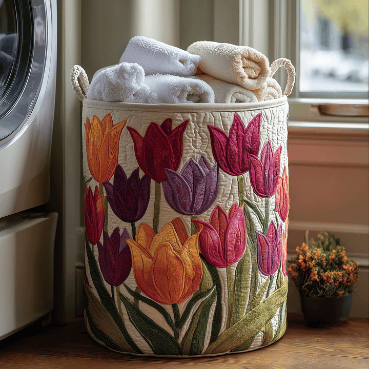 Panier à linge matelassé fait main – motif Joie des Tulipes
