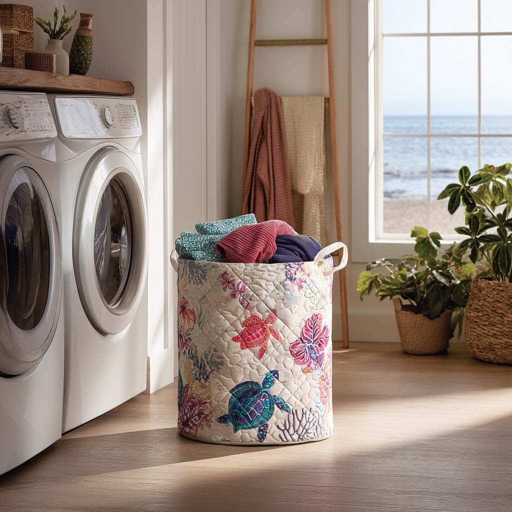 Panier à linge matelassé fait main – motif Tortue de Mer – vue 5