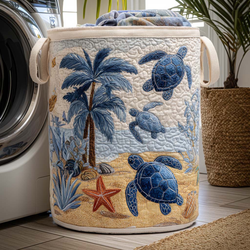 Panier à linge matelassé fait main – motif Tortue de Mer – vue 4