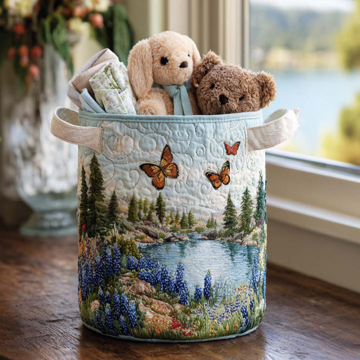 Panier à linge matelassé fait main – motif Lupins Bleus – vue 5