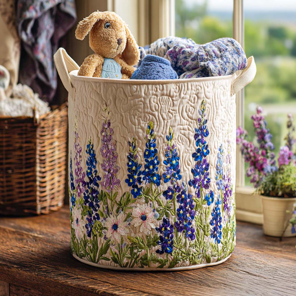 Panier à linge matelassé fait main – motif Lupins Bleus – vue 3