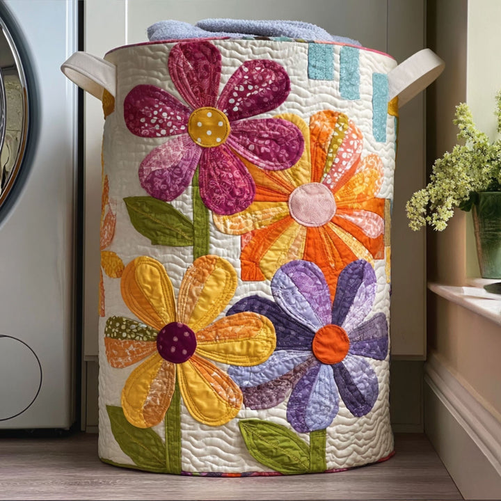 Panier à linge matelassé fait main – motif Valse des Fleurs Sauvages