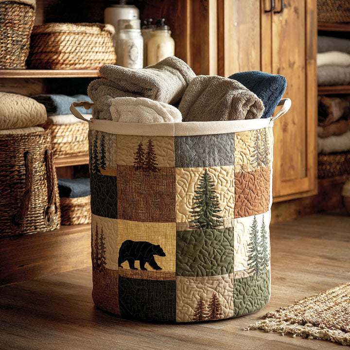 Panier à linge matelassé fait main – motif Patchwork des Bois
