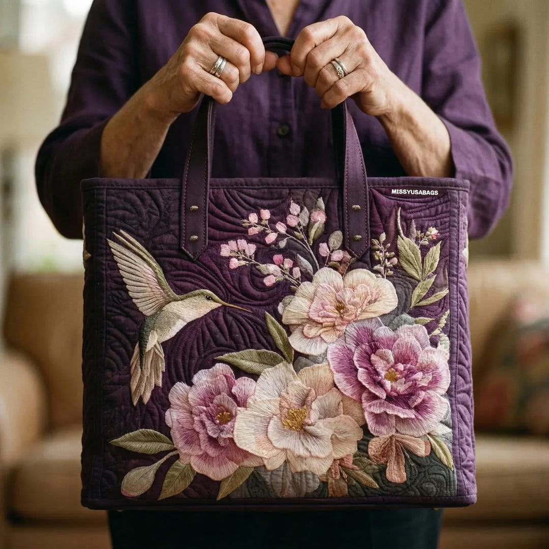 Sac à main artisanal matelassé - Colibris et orchidées