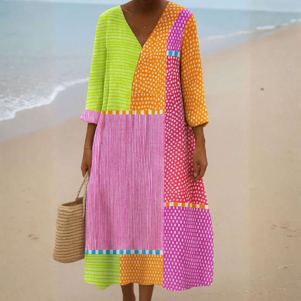Fátima - Robe en Patchwork Coloré avec Pois et Rayures