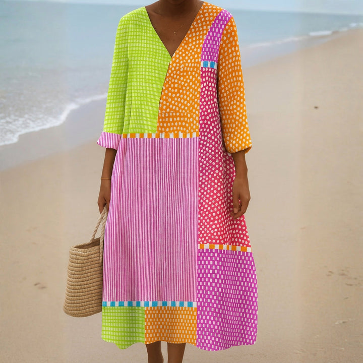 Fátima - Robe en Patchwork Coloré avec Pois et Rayures
