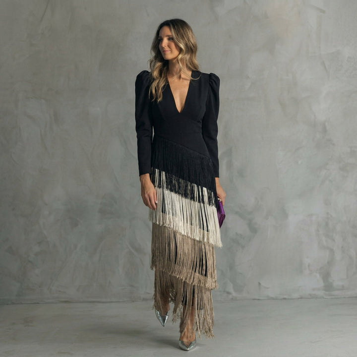 Gabriela - Robe Longue à Franges avec Décolleté en V