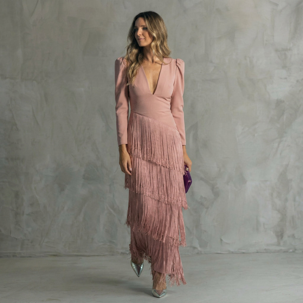 Gabriela - Robe Longue à Franges avec Décolleté en V