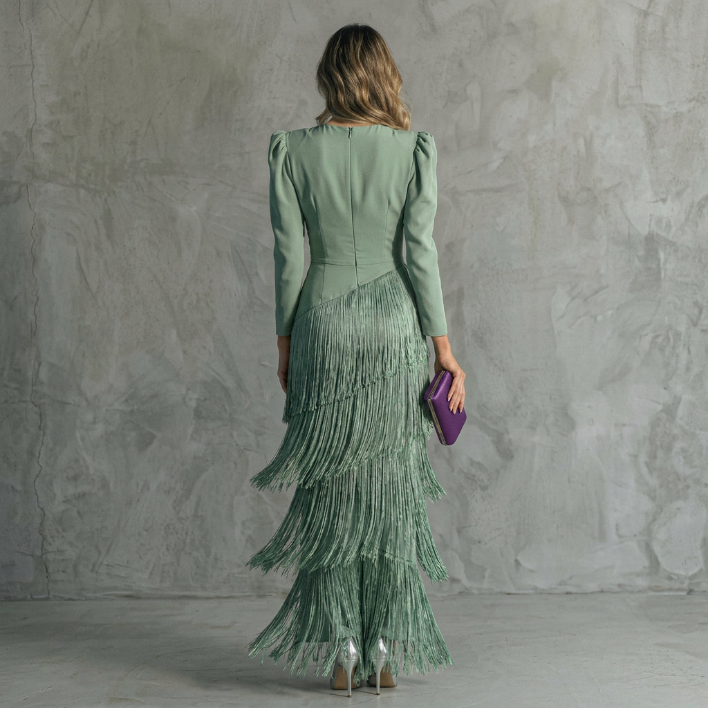 Gabriela - Robe Longue à Franges avec Décolleté en V
