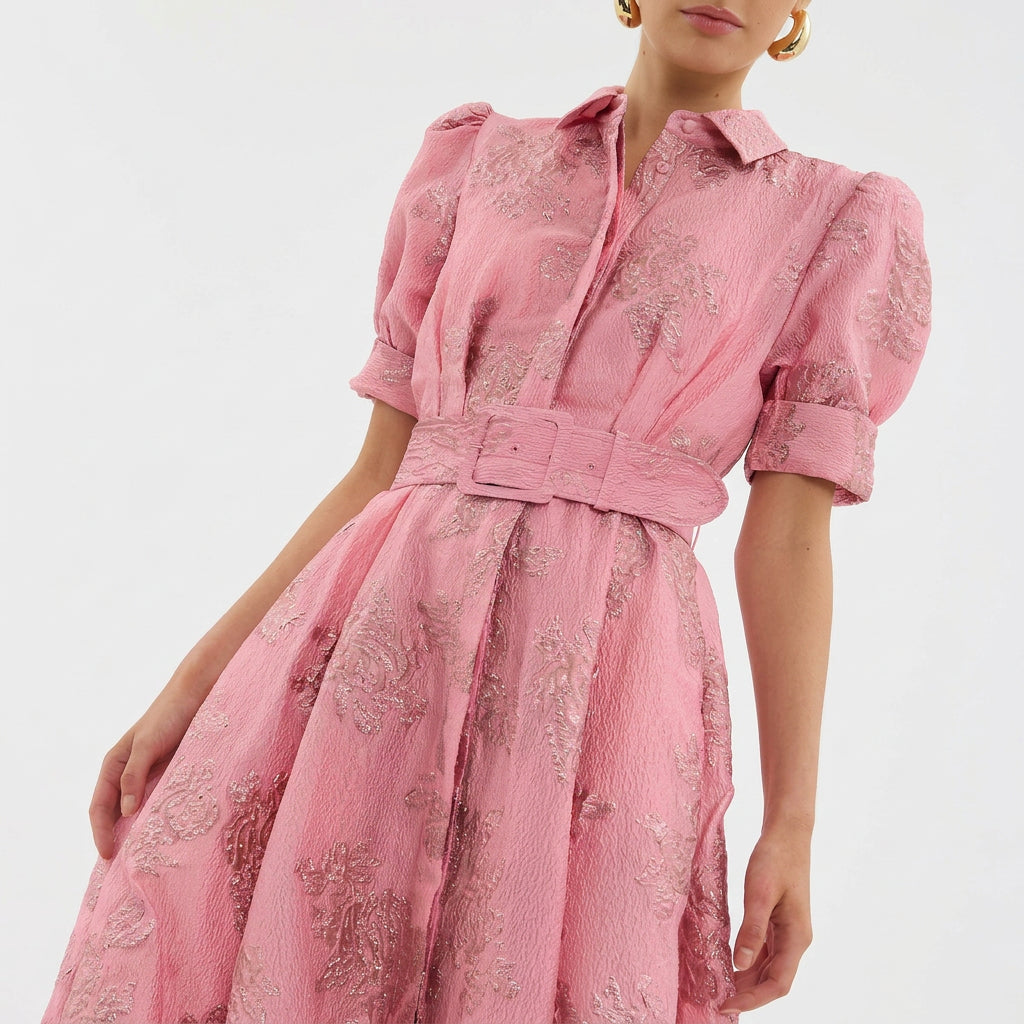 Matilde - Robe Longue en Jacquard Floral avec Ceinture