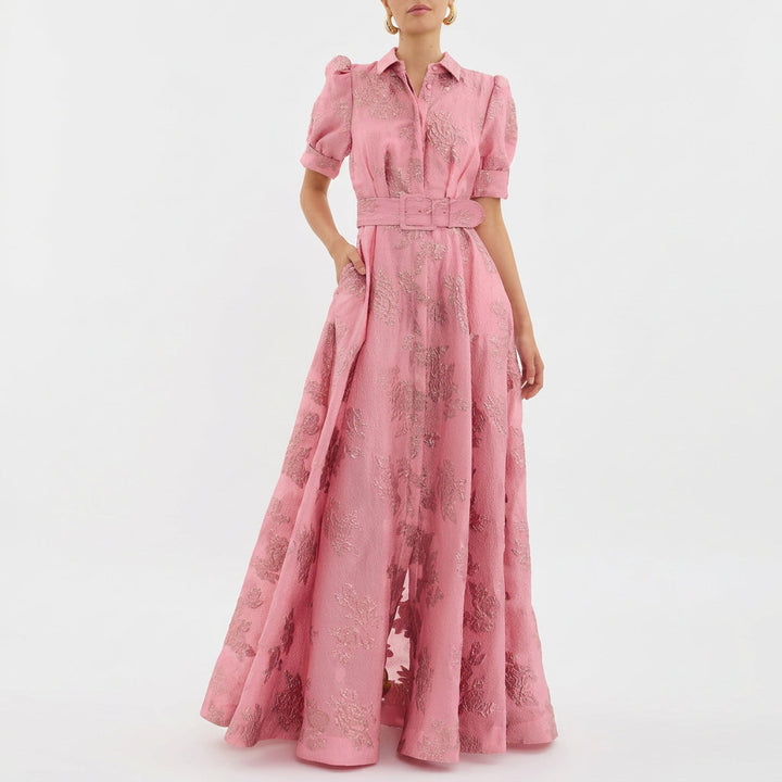 Matilde - Robe Longue en Jacquard Floral avec Ceinture