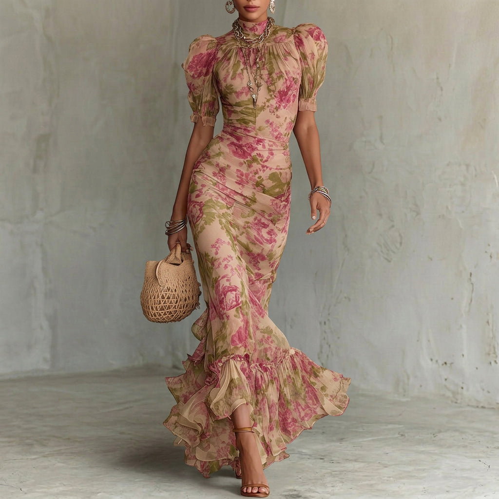 Lara - Robe longue ajustée avec motif floral