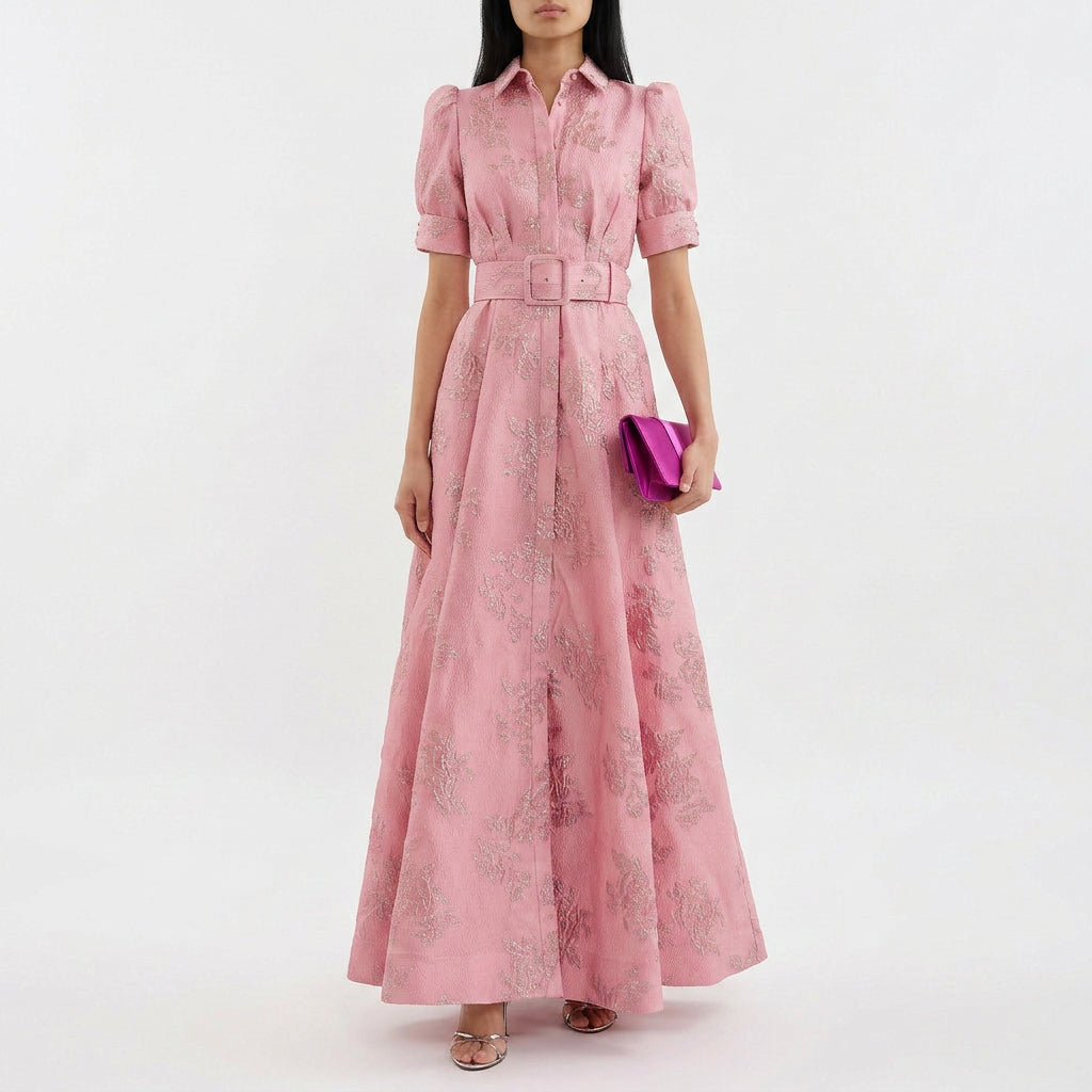 Matilde - Robe Longue en Jacquard Floral avec Ceinture