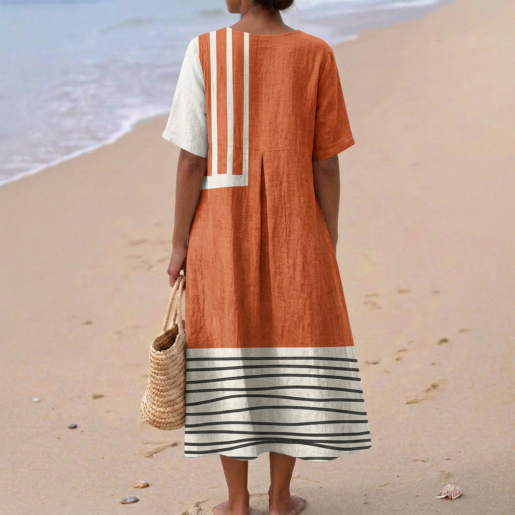 Selene - Robe Terracota avec Rayures Graphiques