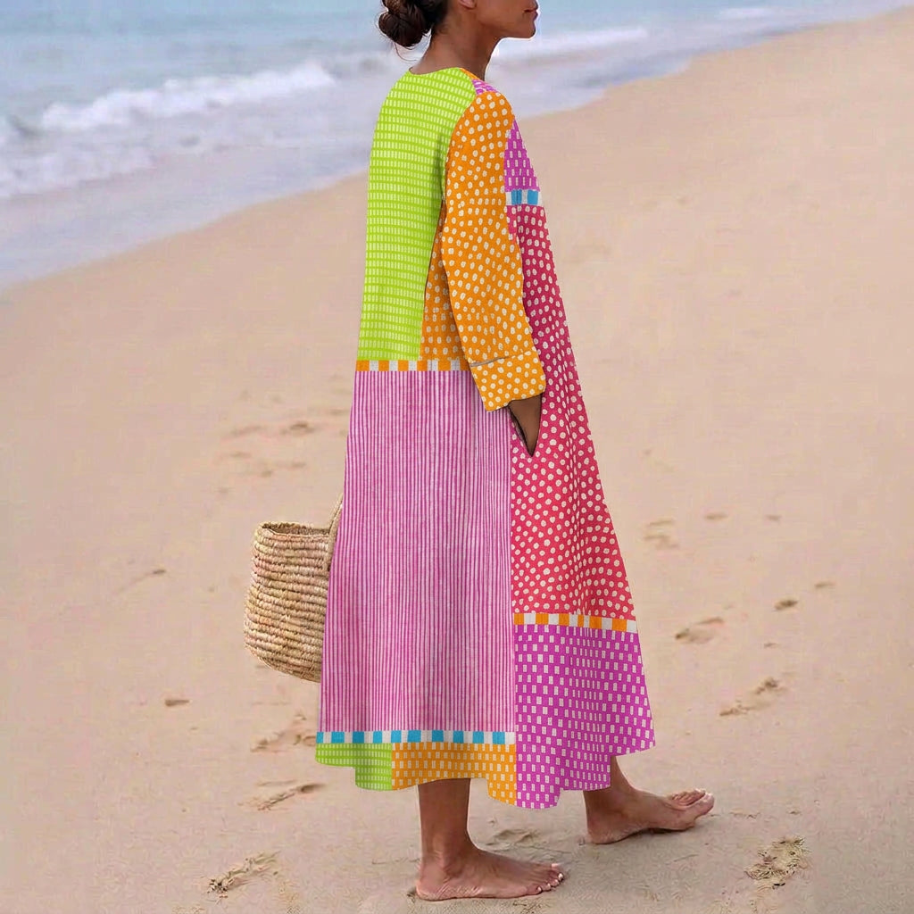 Fátima - Robe en Patchwork Coloré avec Pois et Rayures