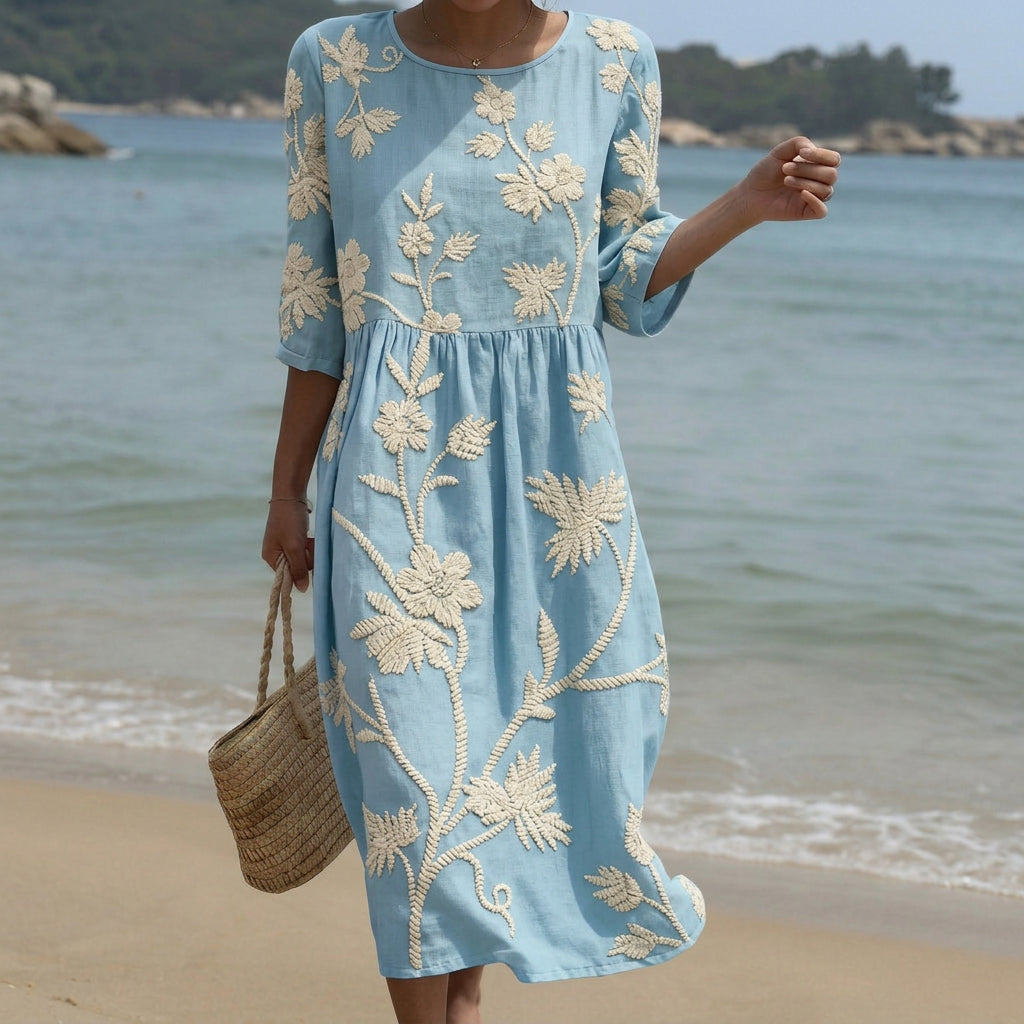 Cátia - Robe Midi avec Imprimé de Plantes et Fleurs