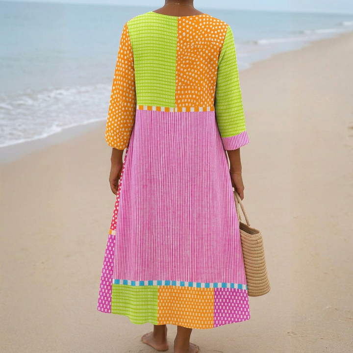Fátima - Robe en Patchwork Coloré avec Pois et Rayures