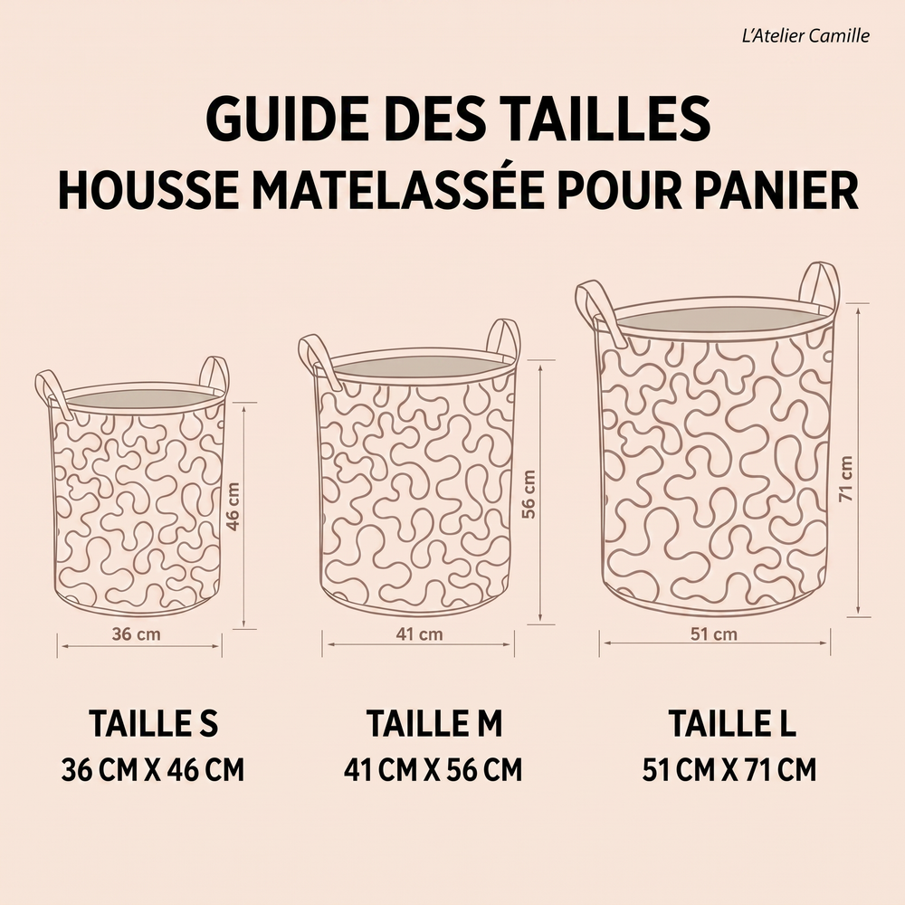 Guide des tailles du panier à linge matelassé – S 36x46 cm, M 41x56 cm, L 51x71 cm – L'Atelier Camille