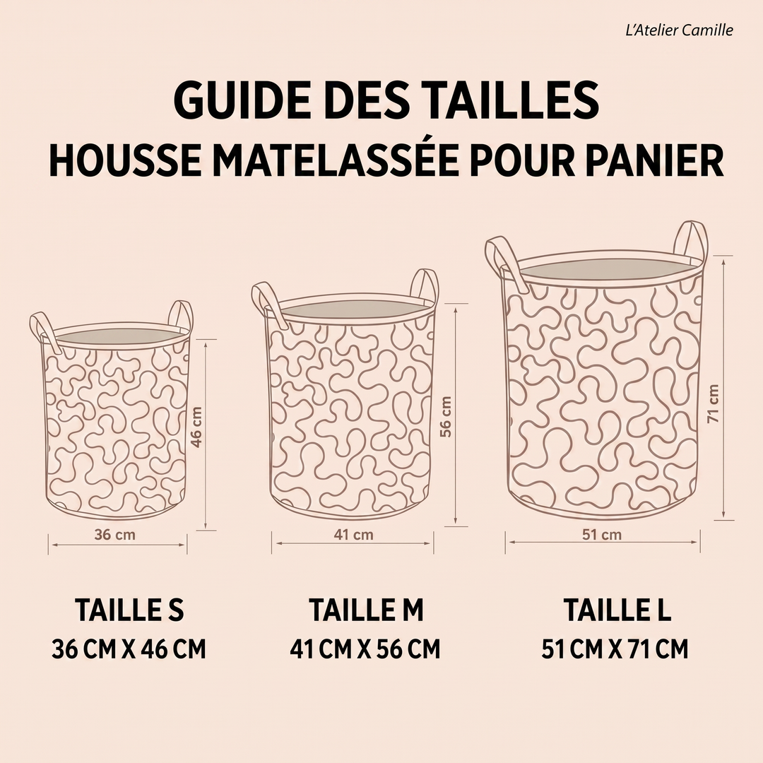 Guide des tailles du panier à linge matelassé – S 36x46 cm, M 41x56 cm, L 51x71 cm – L'Atelier Camille