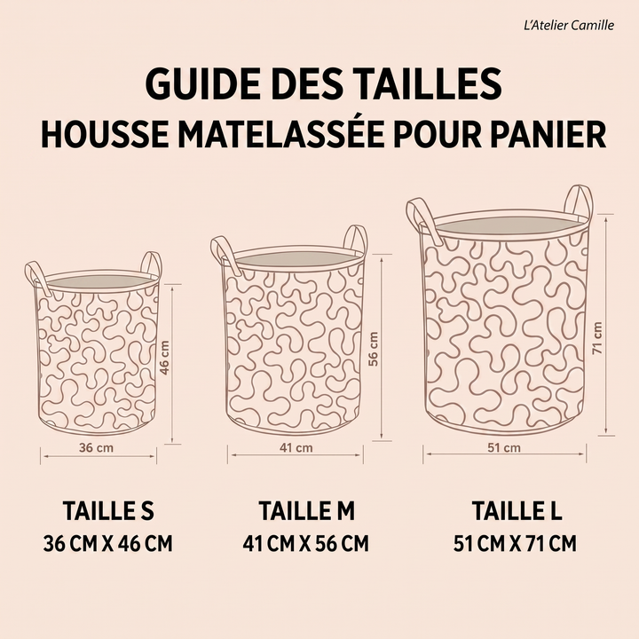 Guide des tailles du panier à linge matelassé – S 36x46 cm, M 41x56 cm, L 51x71 cm – L'Atelier Camille
