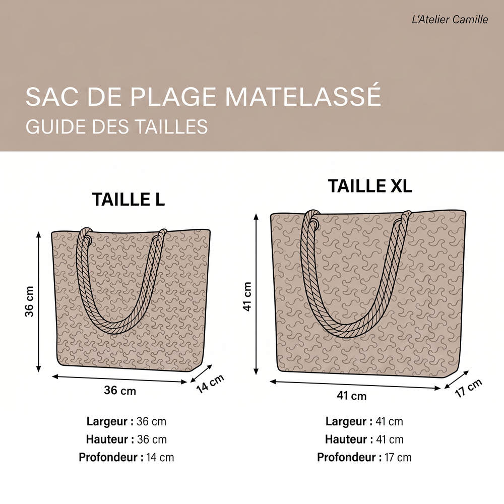 Tableau des tailles du sac de plage fait main : dimensions des modèles L et XL