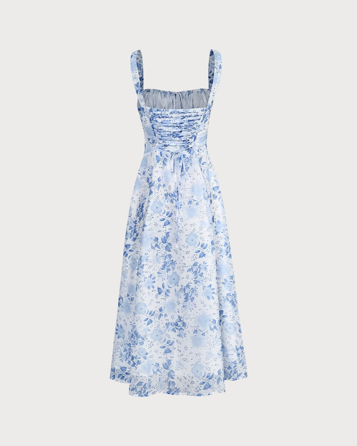 Renata - Robe Midi Bleue Fleurie