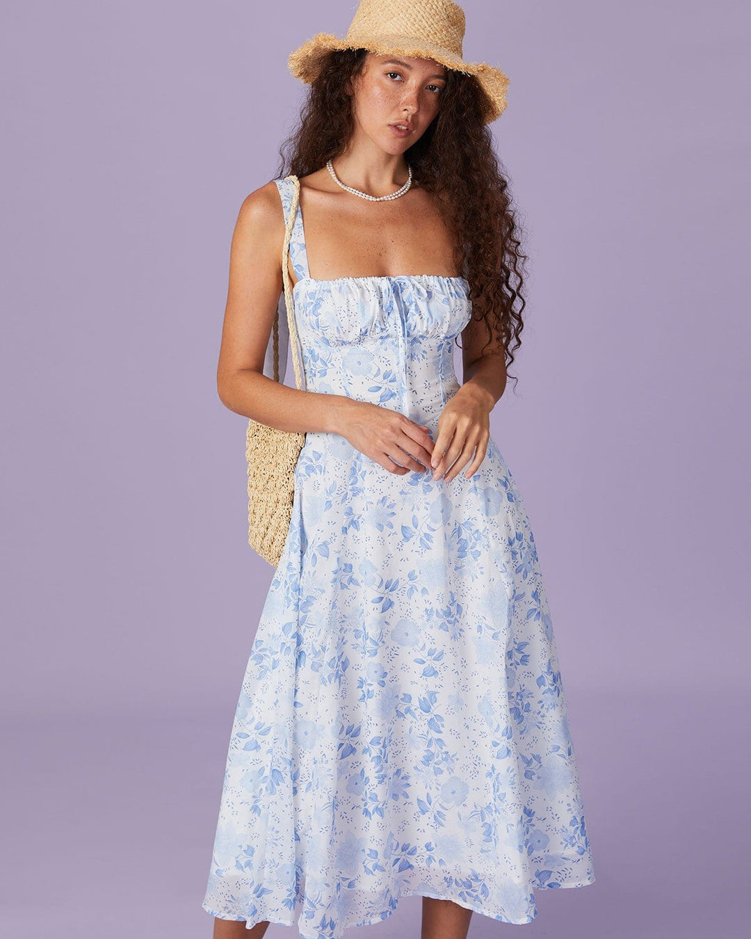 Renata - Robe Midi Bleue Fleurie