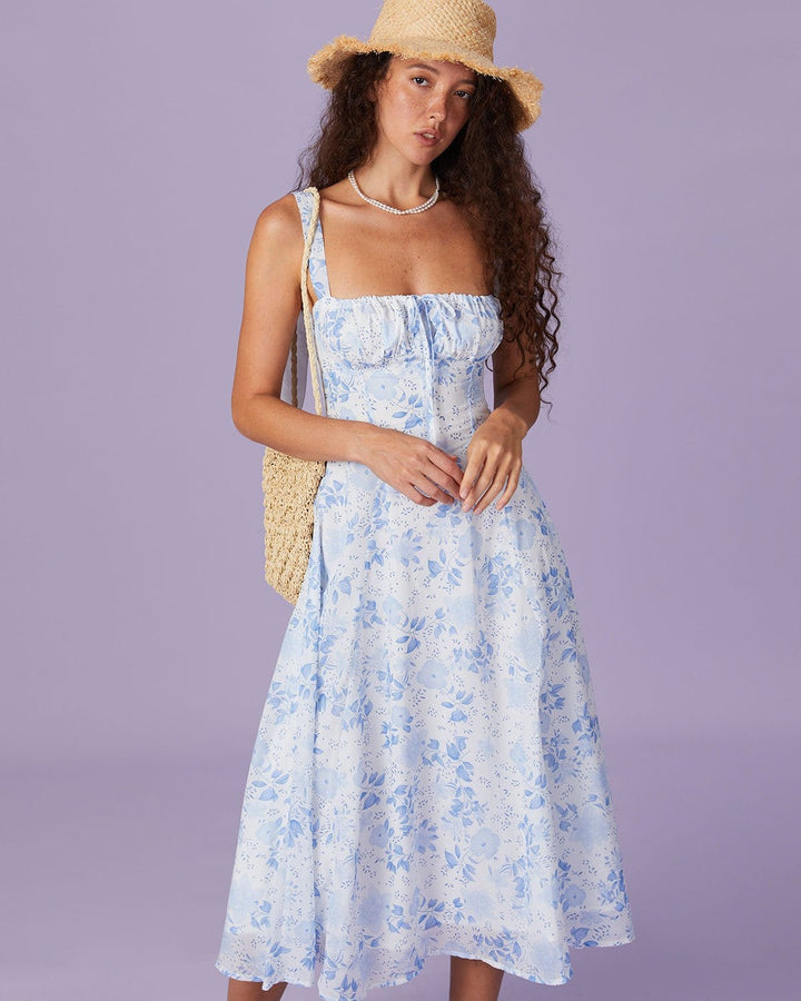 Renata - Robe Midi Bleue Fleurie
