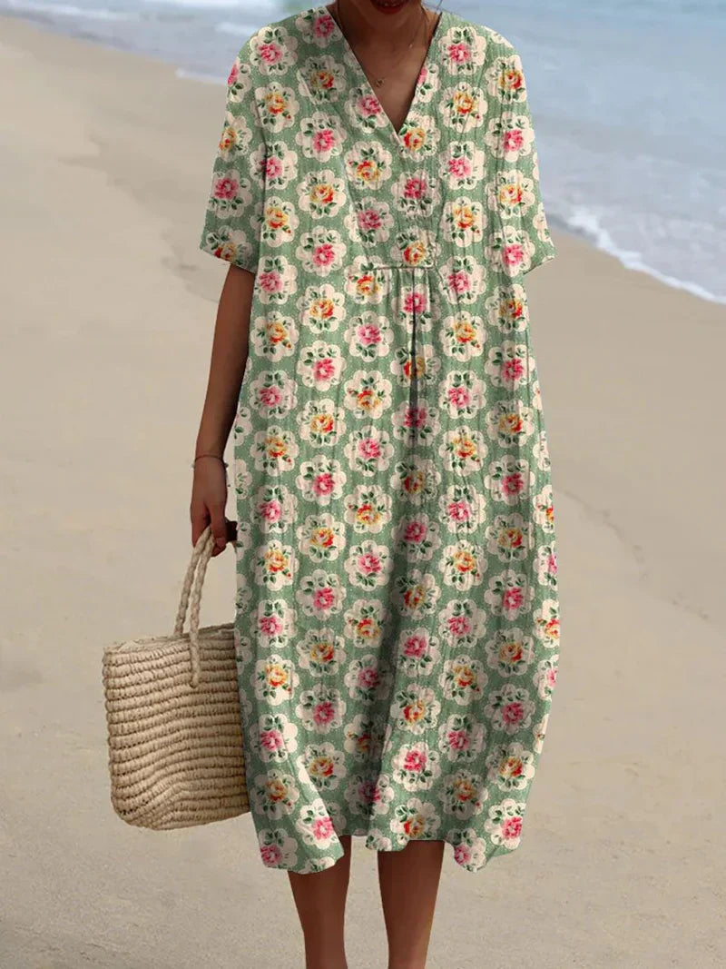 Eulállia - Robe Florale Rétro en Vert D'eau
