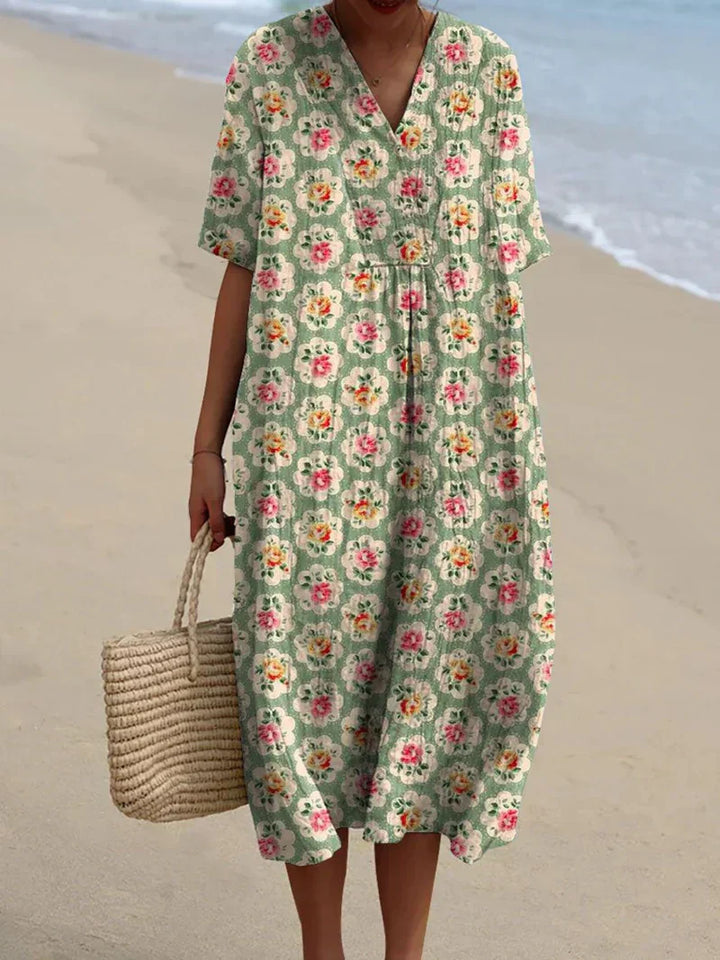 Eulállia - Robe Florale Rétro en Vert D'eau