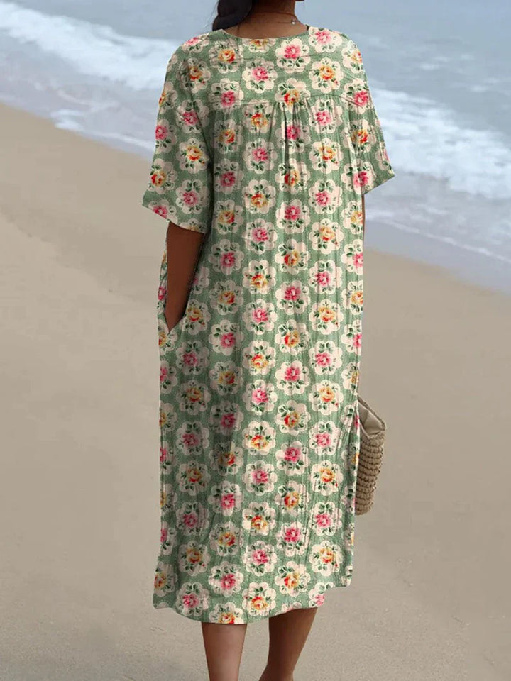 Eulállia - Robe Fleurie Rétro en Vert D'eau